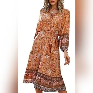 Floral Printed Beach Maxi Dress V Neck Belted 3/4